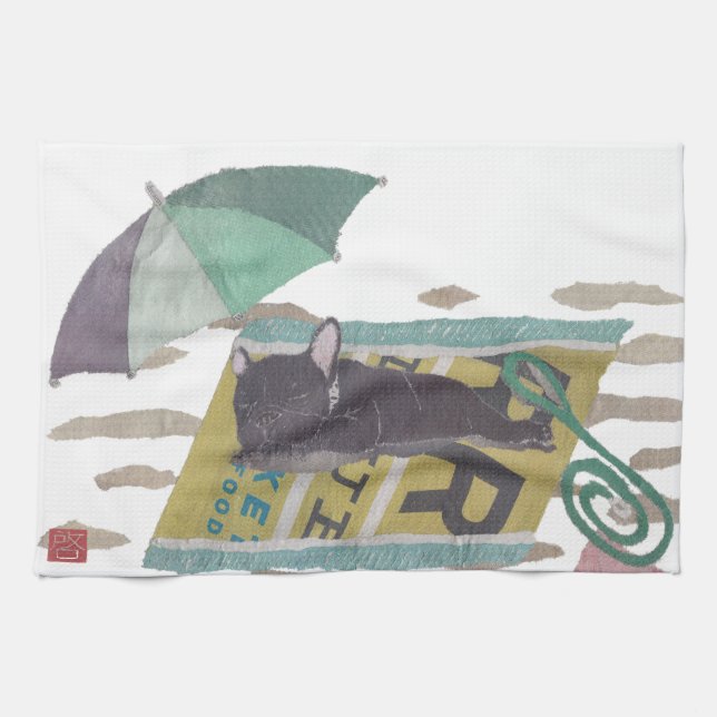 Svart Frenchie, fransk bulldogg, pophundkonst Kökshandduk (Horisontell)