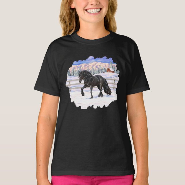 Svart frisisk utkasthäst i Snö T Shirt (Framsida)
