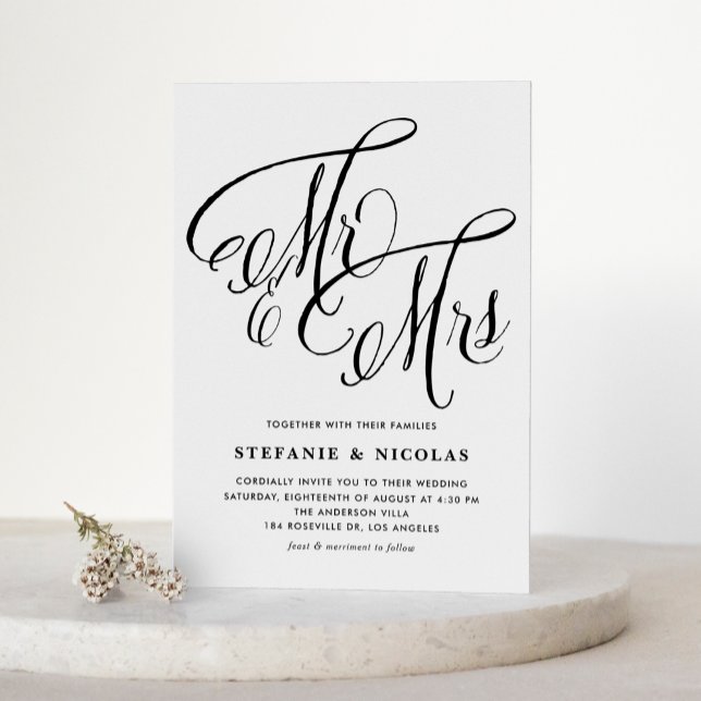 Svart fru och Rustic Script QR Code Bröllop Inbjudningar (Black Mrs and Mrs Rustic Calligraphy QR Code Wedding Invitation)