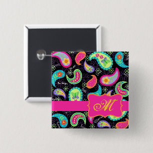 Svart Fuchsia rosa modern Paisley Monogram Knapp