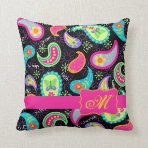Svart Fuchsia rosa modern Paisley Monogram Kudde