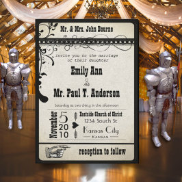 Svart Funky Renaissance Medieval Playbill Bröllop Inbjudningar