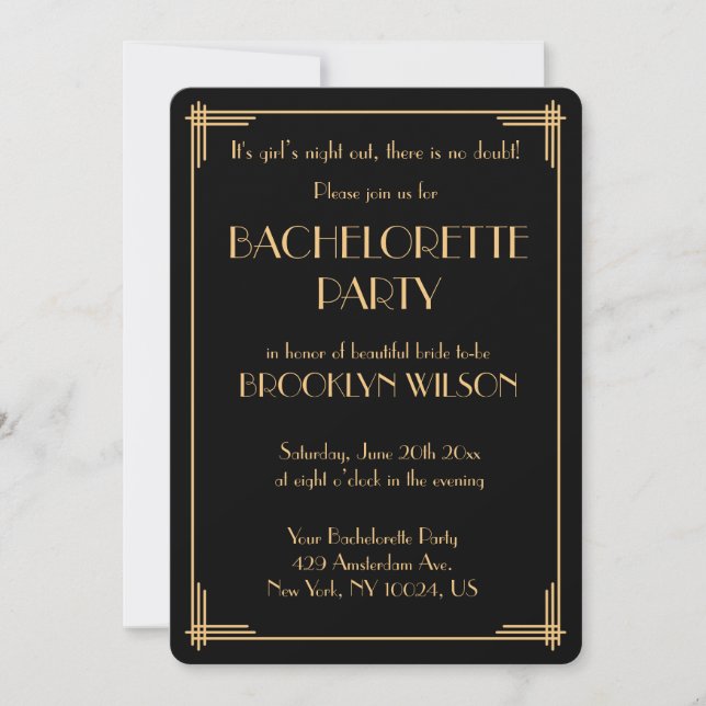 Svart Gatsby Art Deco Sällskapsdam Invitation Inbjudningar (Framsida)