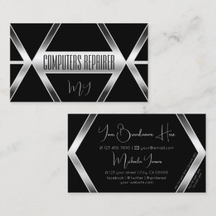 Svart geometri med Silver och Monogram Visitkort