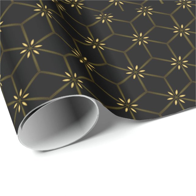 Svart Geometrisk Guld Blommig Prärieblommor Presen Presentpapper (Rullad Hörn)