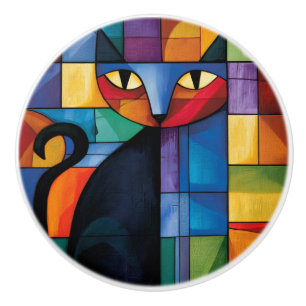 Svart geometrisk katt i glasmosaik-ruta knopp