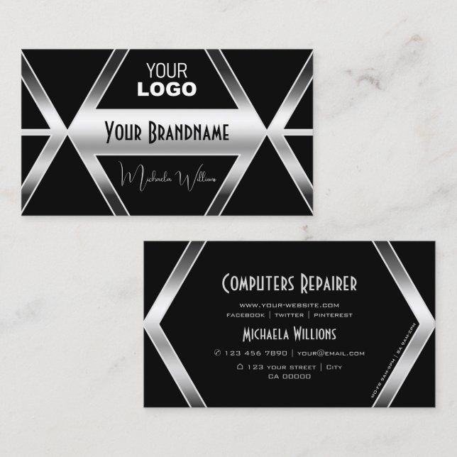 Svart geometrisk Shimmery Silver med Logotyp Visitkort (Fram/baksida)