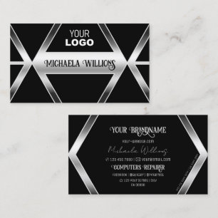 Svart geometrisk Silver-shimmer med Logotyp Visitkort