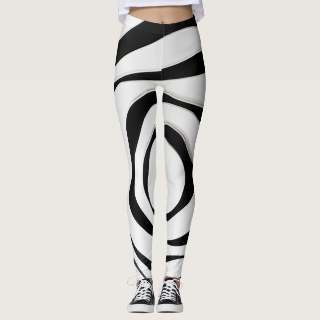 Svart geometrisk spiral-design på vit bakgrund leggings (Framsida)