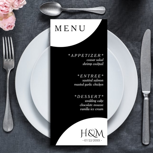 Svart geoometrisk bågsolycksmottagning meny (black and white wedding menu)