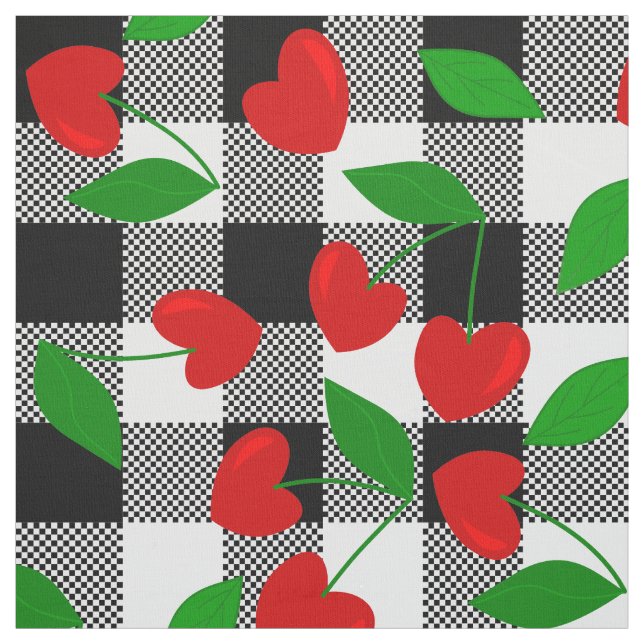 svart gingham hjärtformad körsbär rockabilly tyg (Provkarta)