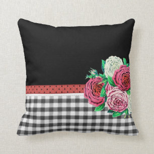 Svart Gingham och blommor Kudde
