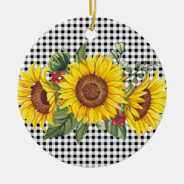 Svart Gingham Solros Anpassad Partygåva Julgransprydnad Keramik (Framsidan)