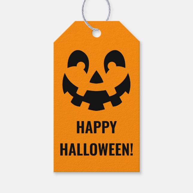 Svart Glad Halloween Pumpa Ansikte Form På Orange Presentetikett (Framsidan)