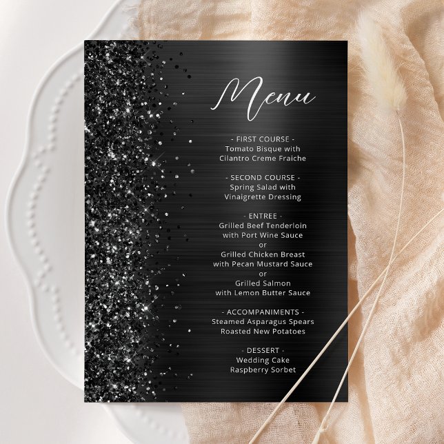 Svart Glam Glitter Script Bröllop Meny (Skapare uppladdad)