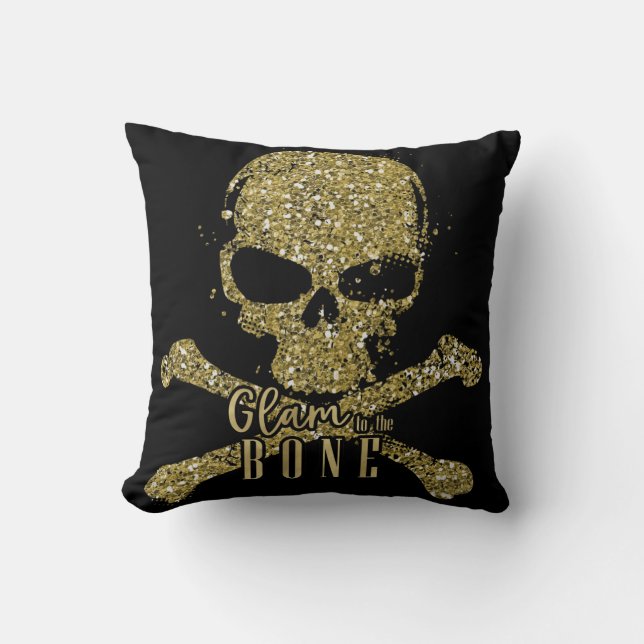 Svart glam till Bone Guld Glitter Skull Kudde (Framsida)