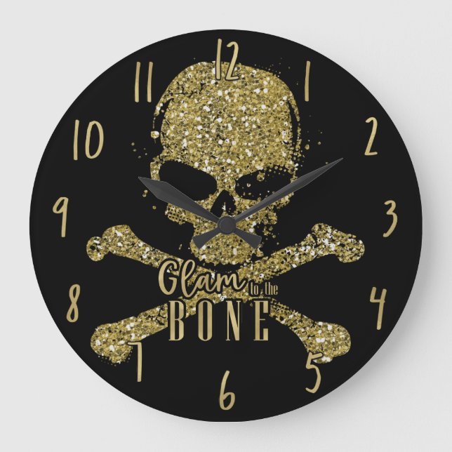 Svart glam till Bone Guld Glitter Skull Stor Klocka (Framsida)
