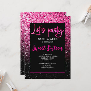 Svart glitter av shock rosa Sweet 16 neon lets par Inbjudningar