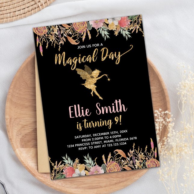 Svart Glitter Blommigt: Bjud på födelsedagen Inbjudningar (Black Glitter Floral Fairy Birthday Invitations)