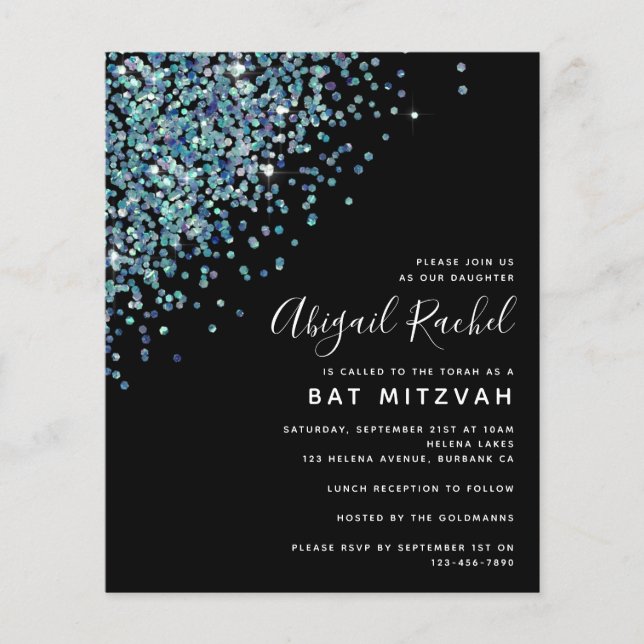 Svart Glitter Budget Bat Mitzvah Inbjudan (Framsida)