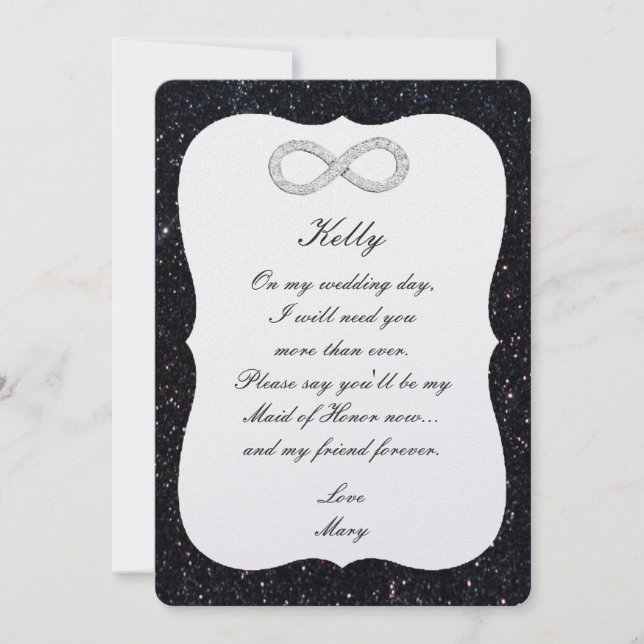 Svart Glitter Diamond Infinity Maid of honor Card Inbjudningar (Framsida)