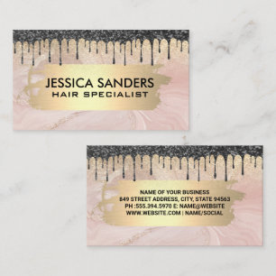 Svart Glitter-dropp Rosa Marble Guld Metall Visitkort