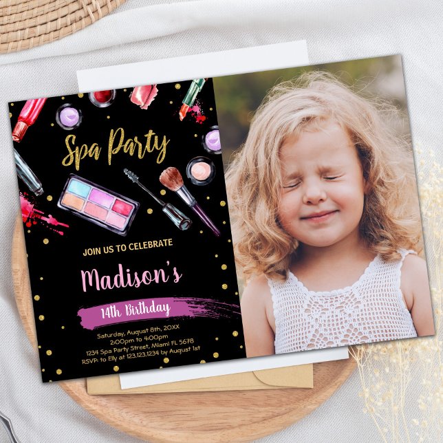 Svart Glitter-foto-andning på födelsedagen Inbjudningar (Black Glitter Photo Spa Birthday Invitations)