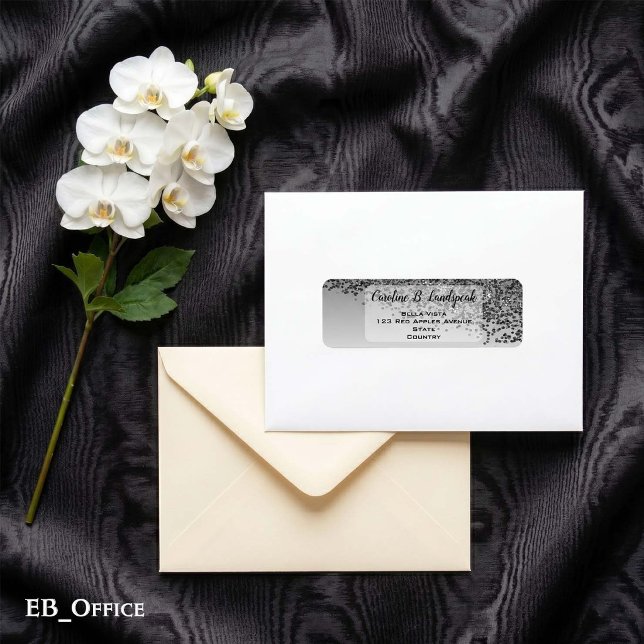 Svart glitter frostad elegant returadress  etikett (Black Glitter Labels: 
2.25” L x 0.75” W
•	30 labels per sheet
•	Sheet: 8.5” L x 11” W
)
