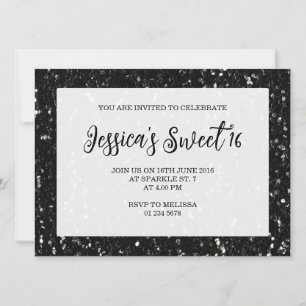 Svart glitter gnistrar Sweet 16 elegant skrift Inbjudningar
