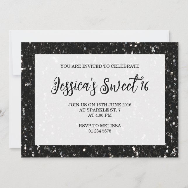 Svart glitter gnistrar Sweet 16 elegant skrift Inbjudningar (Framsida)