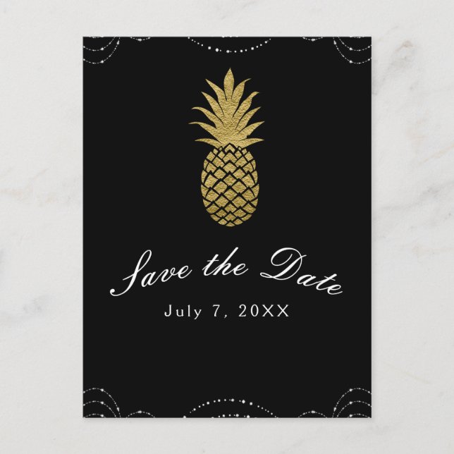 Svart Glitter Guld Pineapple Glam Spara Datum Meddelande Vykort (Framsida)