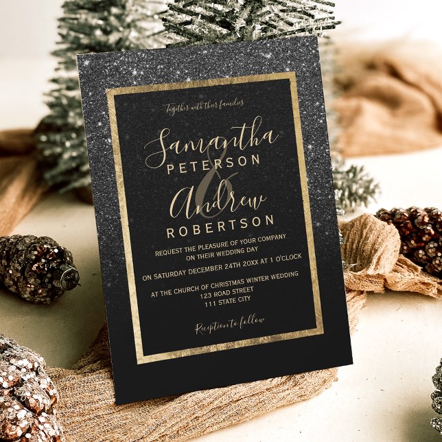 Svart glitter guld-typografi chic vinterbröllop inbjudningar (Black glitter gold typography chic winter wedding invitation)