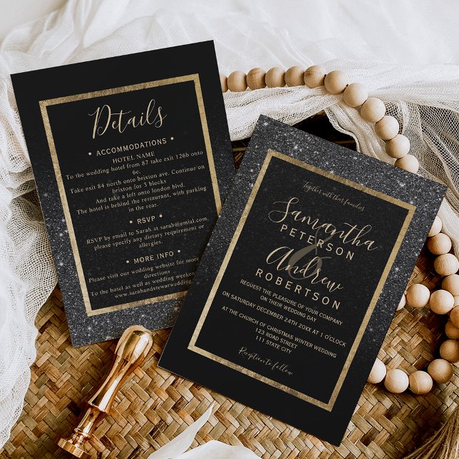 Svart glitter guld-typografi chic vinterbröllop inbjudningar (Black glitter gold typography chic winter wedding invitation)
