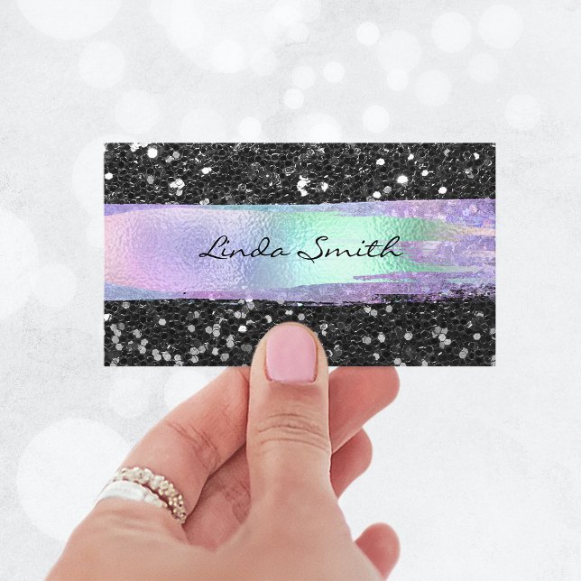 Svart glitter iridiserande penseldragskonfetti visitkort (Black Confetti Glitter Iridescent Brush Strokes Business Card)
