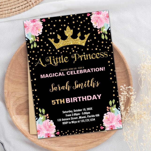 Svart Glitter Krona Princess Birthday-inbjudan Inbjudningar (Black Glitter Crown Princess Birthday Invitations)