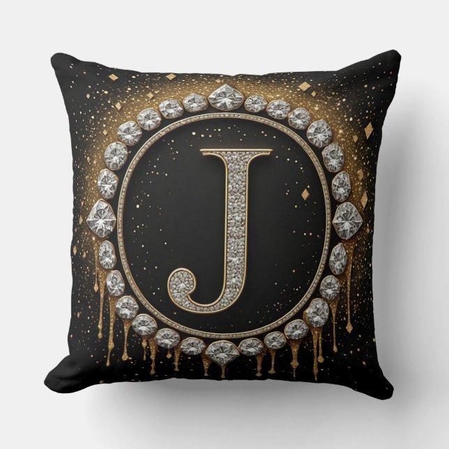 Svart Glitter Monogram Bokstav J Logotyp Smyckesmä Kudde (Framsida)