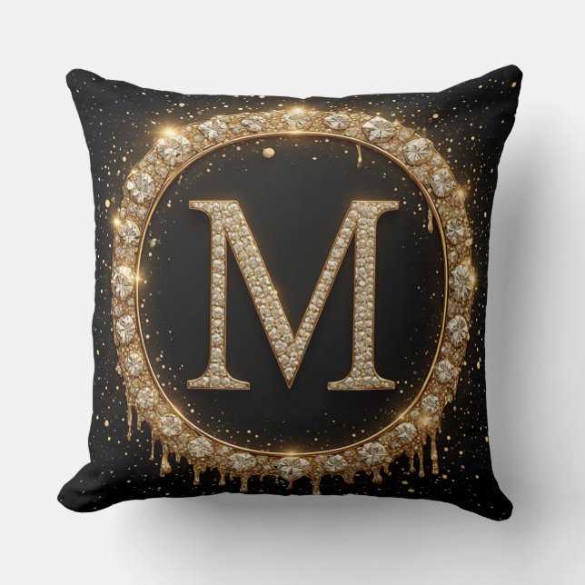 Svart Glitter Monogram Bokstav M För Minimal Stil Kudde (Framsida)