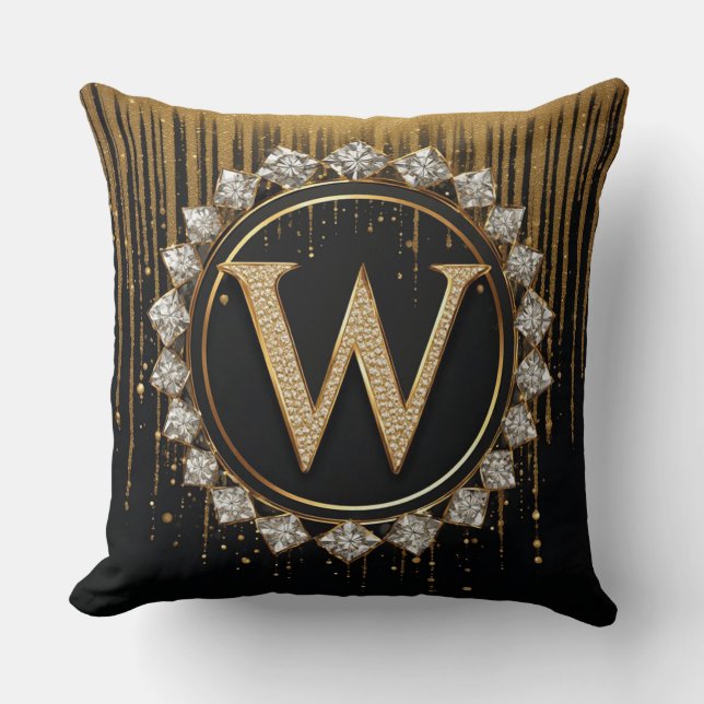 Svart Glitter Monogram Bokstav W För Bröllopsinbju Kudde (Framsida)