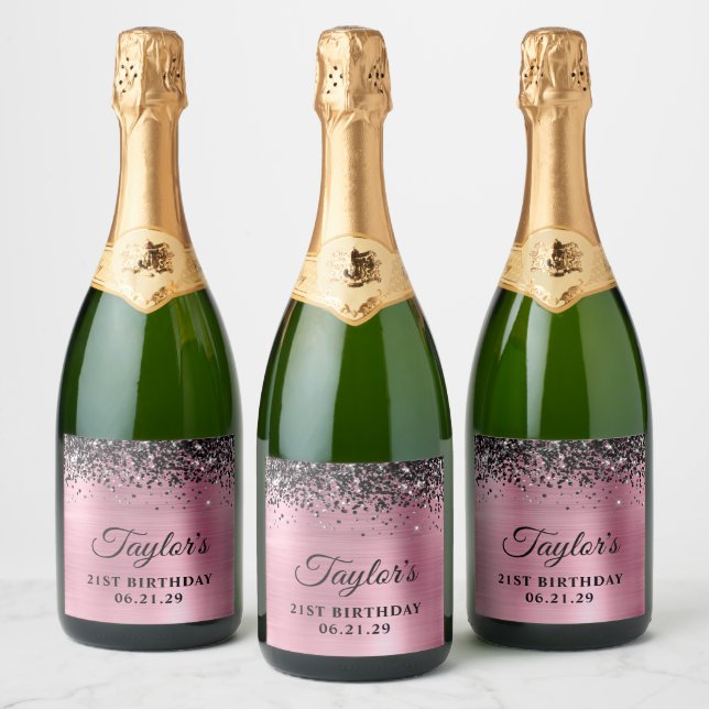 Svart Glitter Övre Kant Rosa Folie 21-årsdag (Flaskor)