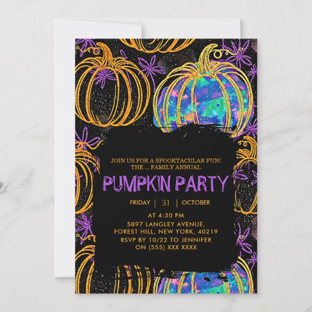Svart | Glitter Pumpkin Halloween Inbjudningar (Framsida)