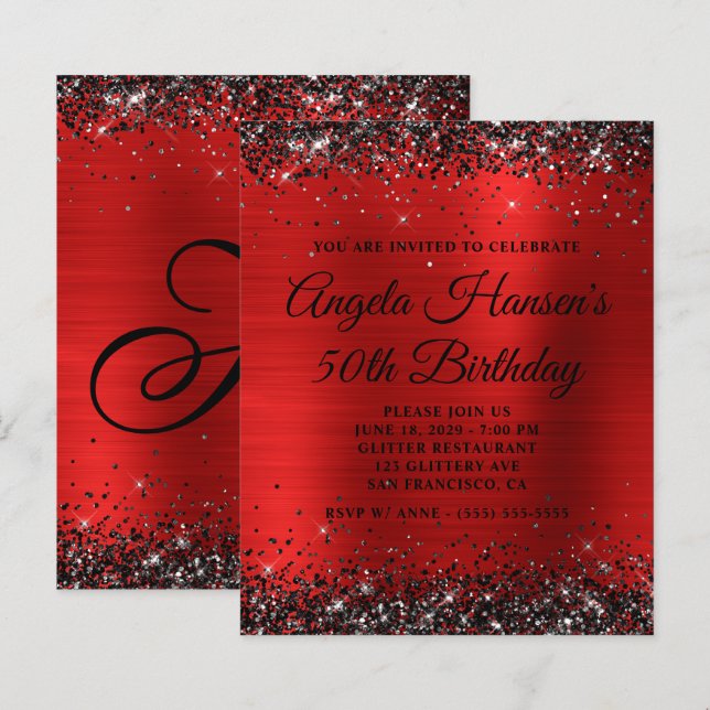 Svart Glitter Röd Folie Monogram 50-årsdag (Fram/baksida)
