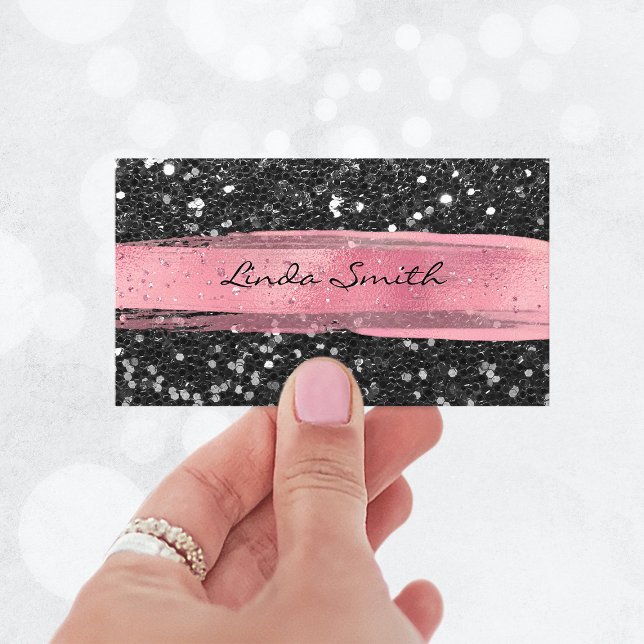 Svart glitter rosa penseldrag visitkort (Black Confetti Glitter Pink Brush Strokes Business Card)