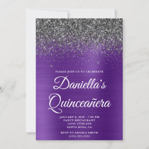 Svart Glitter Royal Lila Folie Quinceañera Inbjudningar