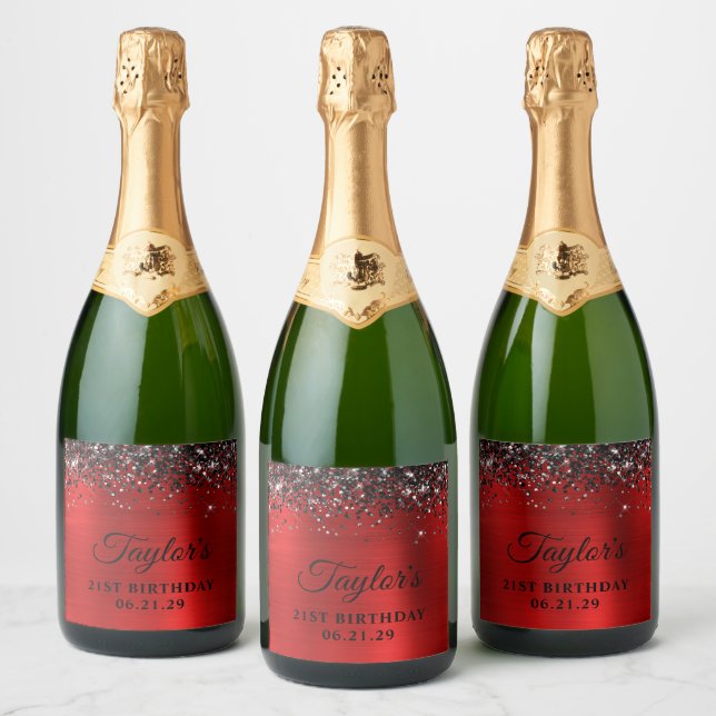 Svart Glitter Top Border Röd Folie 21-årsdag (Flaskor)