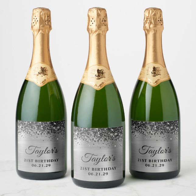 Svart Glitter Topprand Silverfolie 21-årsdag (Flaskor)