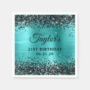 Svart glitter turkos blå folie 21-årsdag pappersservett
