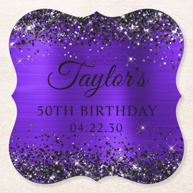 Svart Glitter Violett Folie 50-årsdag Underlägg Papper (Framsida)