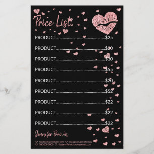 Svart glitterhjärtläppstift makeup prislista brevpapper