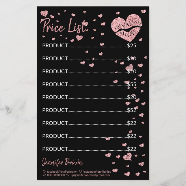 Svart glitterhjärtläppstift makeup prislista brevpapper (Framsida)