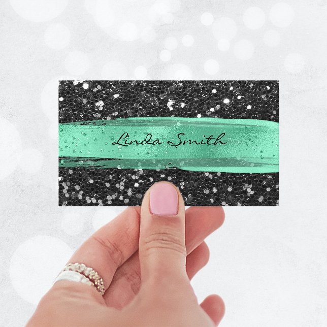 Svart glitterkonfetti Mintgröna penseldrag Visitkort (Black Confetti Glitter Mint Green Brush Strokes Business Card)